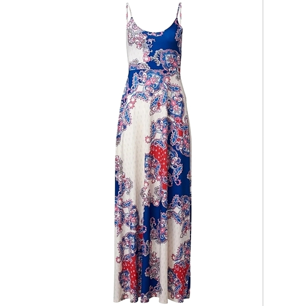 VENUS Romantic Americana Blue Paisly Floral Open Twist Back Maxi Dress